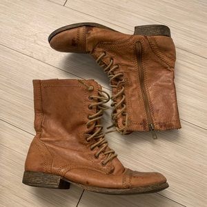 Brown leather distressed combat boots
